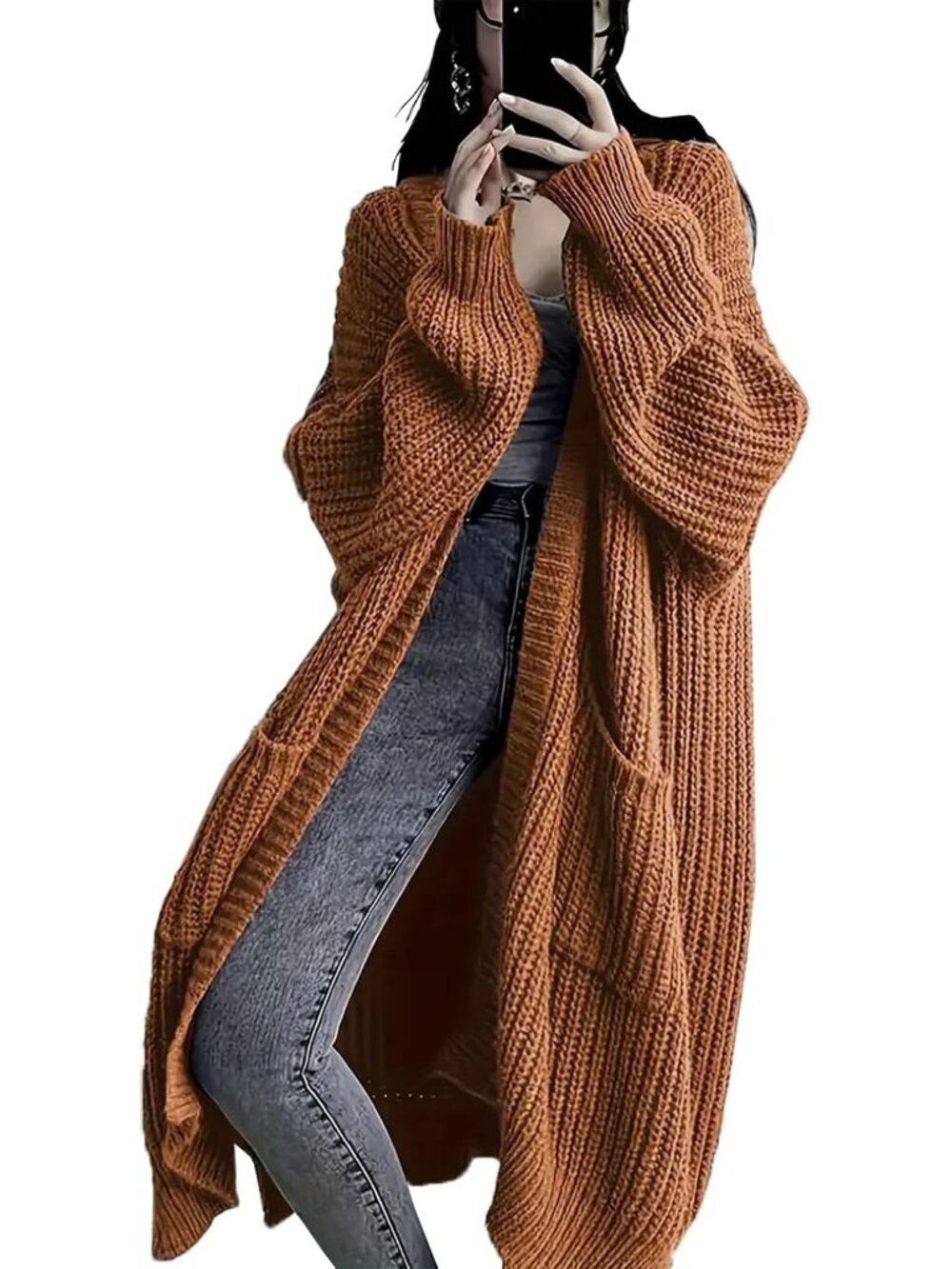 Women's Rust Long Cardigan Sweaters Chunky Knit Open Front Pockets Duster Coats